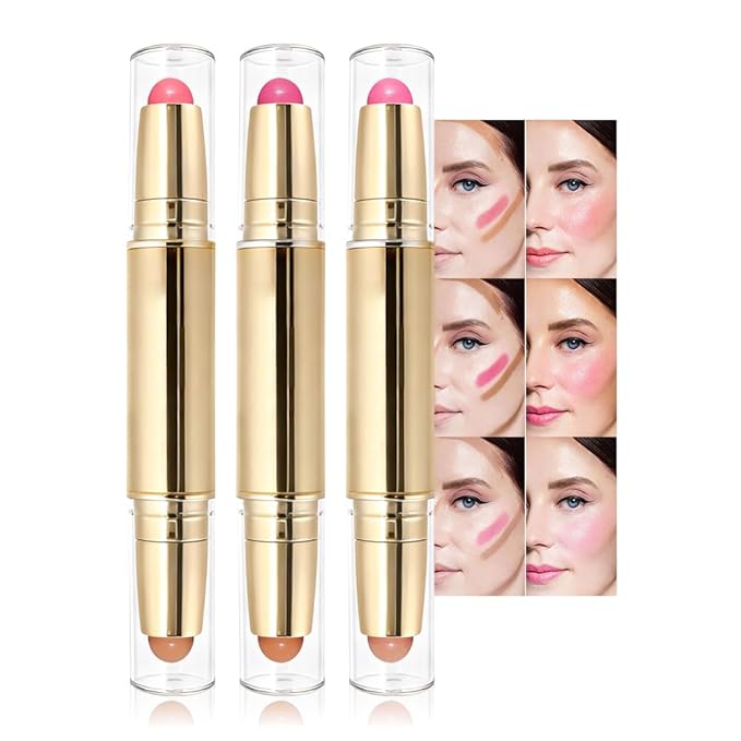 evpct 3Pcs 2In1 Blush Contour Multiuse Makeup Sticks Set, Pink Rose Berry Tan & Nude Brown Creamy Butter Blush Bronzer Contour Multiuse Stick for Cheeks Lips Eyes Faces, Ultra-Creamy Radiant Finish