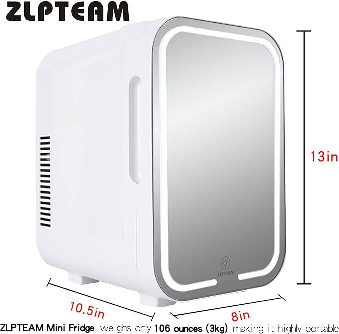 Mini Fridge with Mirror Door & Adjustable LED Lights - 8L Cosmetic Skincare Fridge for Bedroom,Dorm,Mini Car Refrigerator Portable Quiet Cooling,Gift for Women