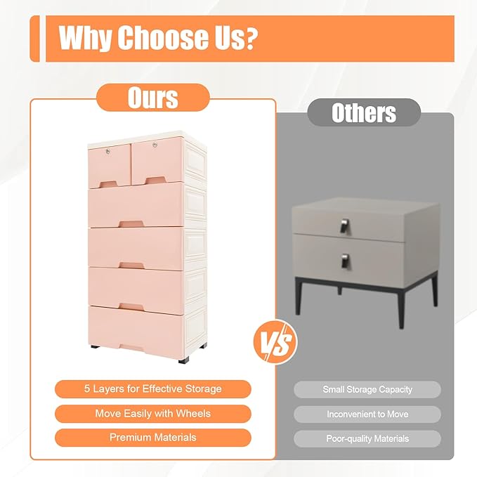 5-Layers Plastic Dresser with 6 Drawers Movable Chest of Drawers Locked Storage Cabinet Craft Organizers and Storage for Bedroom Entryway Hallyway, 19.7’’ W*13.8’’ D*40’’ H (Pink)