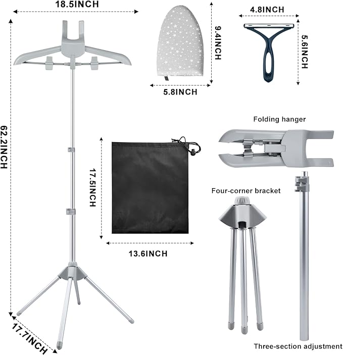 Foldable Garment Steamer Hanger Stand with Ironing Gloves, Adjustable Steamer Rack Included Lint Remover & Storage Bag 2 Clips for Suits Shirts Coats Portable Travel Home Use