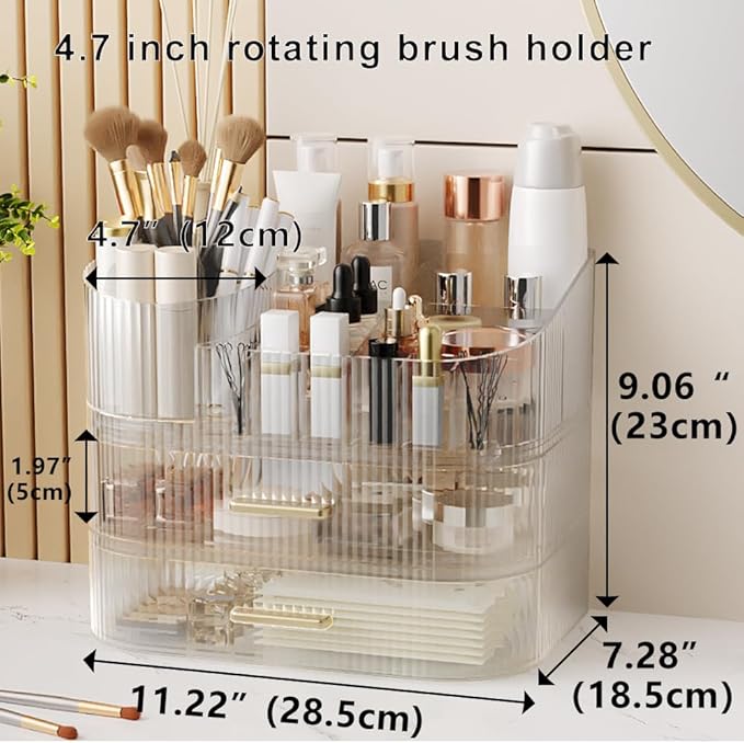 Makeup Organizer with Stackable Drawer, 360 Rotating Makeup Brush Holder, 11-inch Large Cosmetic Display Case, Skincare Organizers and Storage for Vanity, Bathroom Countertop (1 Tray + 2 Drawer)