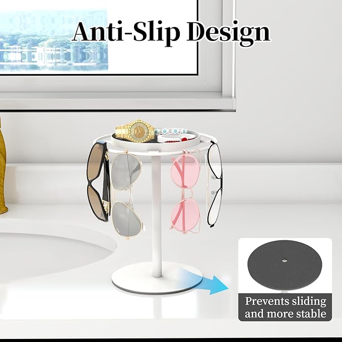 LSK Metal Sunglasses Organizer, Glasses Holder Stand with Storgae Tray, Eyeglasses Holder with Anti-Slip Pads for Tabletop, Desk, Dresser, White