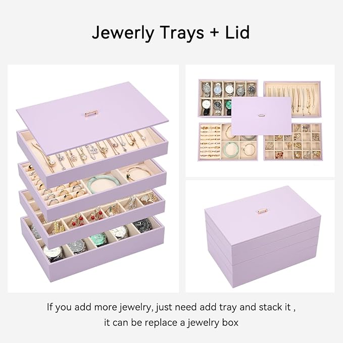 Voova Stackable Jewelry Organizer Tray with Lid, PU Leather Jewelry Storage Holder for Drawer Inserts, Jewellery Display Box Case for Earring Necklace Ring Watch Bracelet (Set of 4, Lavender)