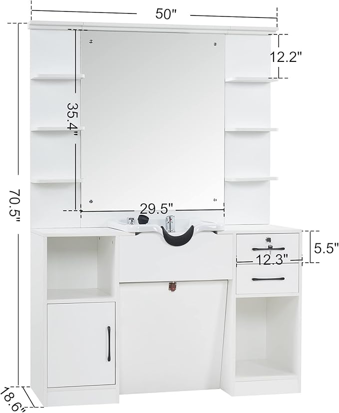 BarberPub Wall Mount Storage Station with Mirror Shampoo Bowl High-end Styling Beauty Salon Furniture Set 3145 (White)