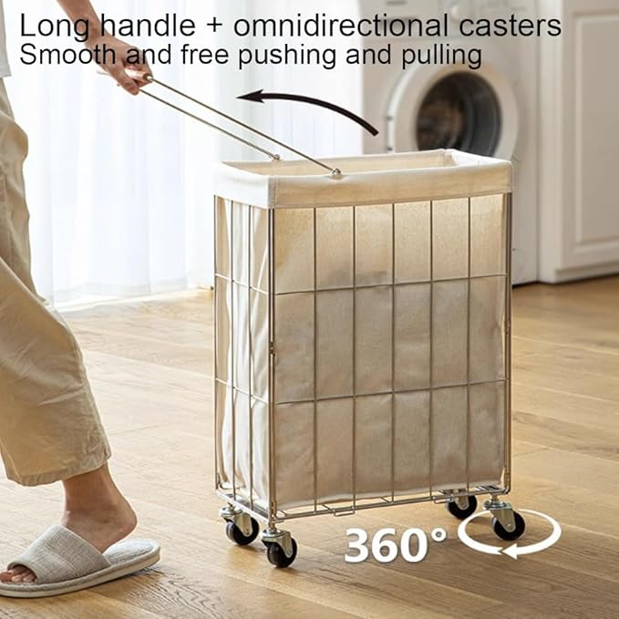 Rolling Laundry Cart with Baskets, Stainless Steel Hamper with Wheels, Slim Laundry Basket Organizer, Foldable Rolling Hamper for Bathroom and Living Room