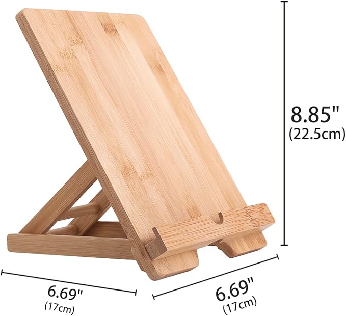 Bamboo Tablet Holder - Adjustable Folding iPad Stand with Charge Port for Desk or Cooking
