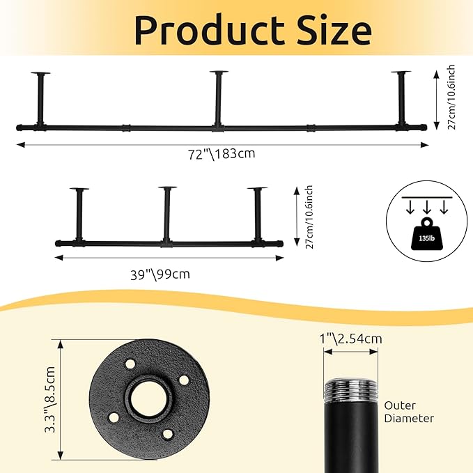 Oroonoko 72inch Industrial Pipe Clothes Garment Rack Ceiling Mount For Hanging Rod Bar for Laundry Room Up to Max Load 135Lb