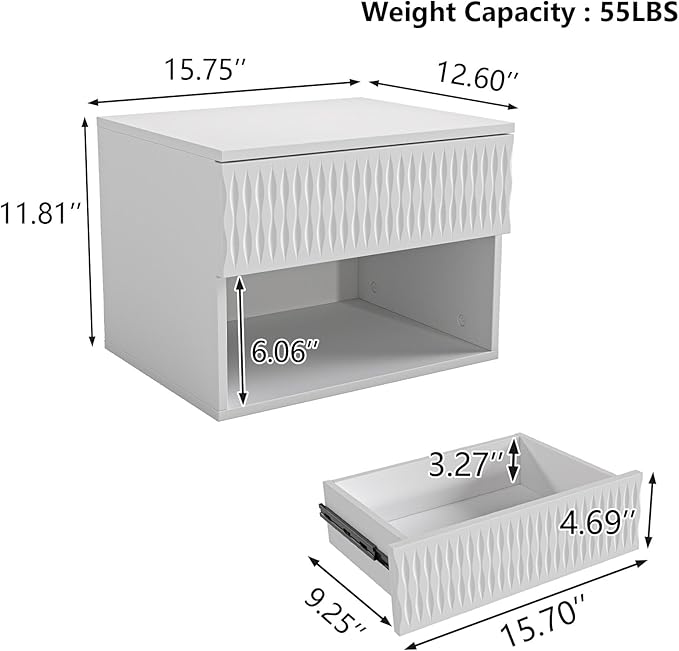 Floating Nightstand Set of 2,Modern Bedside Tables for Bedroom,Small Night Stands with Drawer and Open Shelf, Wall Mounted End SideTables Set for Living Room