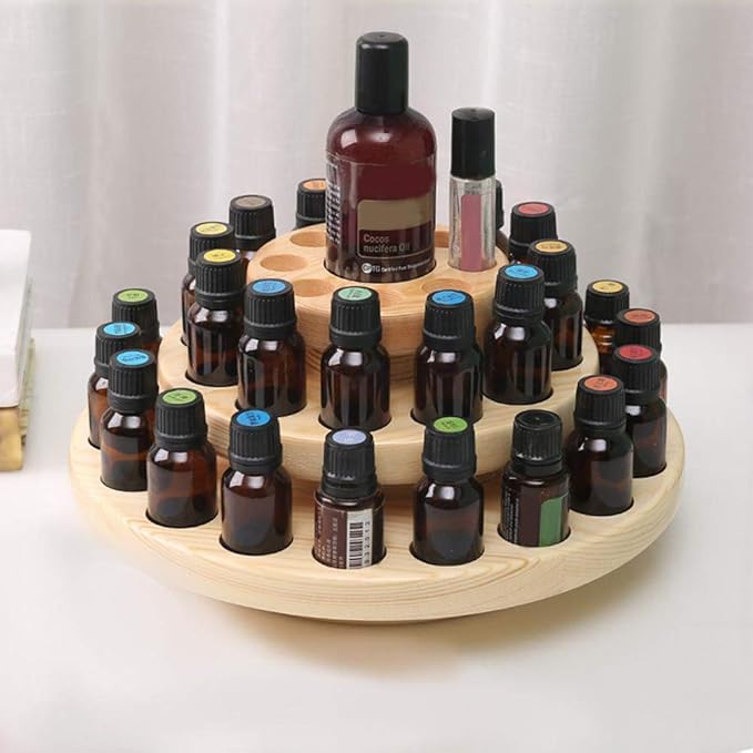 Hapivida Wooden Essential Oil Display Stand, 3-Tier 39 Slots Essential Oil Storage Box Round Rotating Case Holder Organizer Tray Essential Oil Bottle Holder Diffuser Holder Turntable