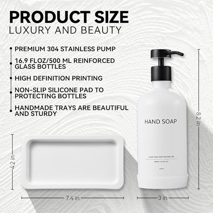 Glass Kitchen Soap Dispenser Set with Ceramic Tray,16.9 floz Hand and Dish Soap Dispenser for Kitchen and Bathroom Decor (White Bottles+Black Bottles)