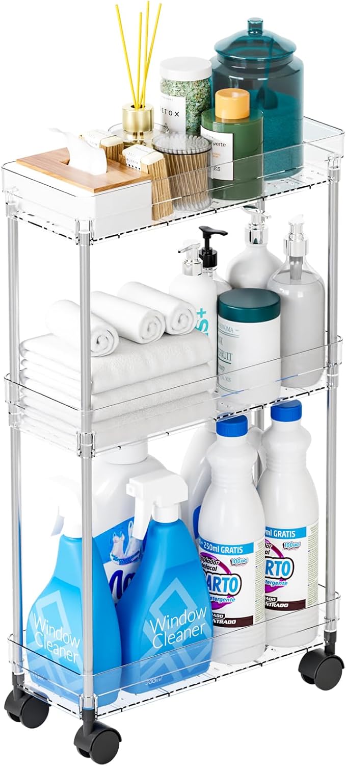 Yieach Clear 3 Tier Slim Rolling Storage Cart with Wheels,6.3″W Thin Shelf,Bathroom Storage Cabinet,Skinny Laundry Cart,Narrow Laundry Room Cart Between Washer and Dryer,Skinny Shelves for Small Space