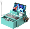Pezin & Hulin Bamboo Charging Station for Multi Device, with Power Charger & Cables, Nightstand Docking Stand with Felt Pad Tray & Drawer, Compatible with Tablet, Cell Phone, Smart Watch-Teal