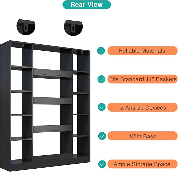 Cube Storage Bookcase with Base - Large Wooden Bookshelf with 10 Open Cubes and 4 Shelves for Home and Office, Freestanding Organizer, Black