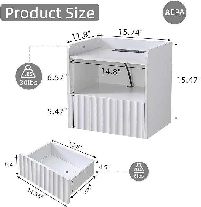 Modern Fluted Floating Nightstand Wall Mounted - Bedside Table with Storage Drawer & Display Shelf, Minimalist Bedroom Furniture for Studio Apartments (Matte White)