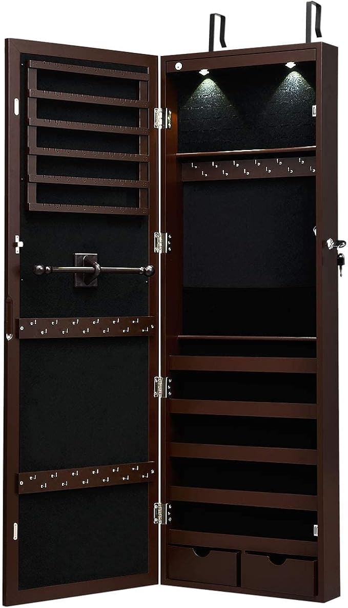 Giantex Jewelry Armoire Wall Door Mounted, Lockable Jewelry Cabinet with 42.5'' Full Length Mirror, 2 LEDs Jewelry Organizer Box with 2 Drawers, Mirror with Jewelry Storage (Espresso)