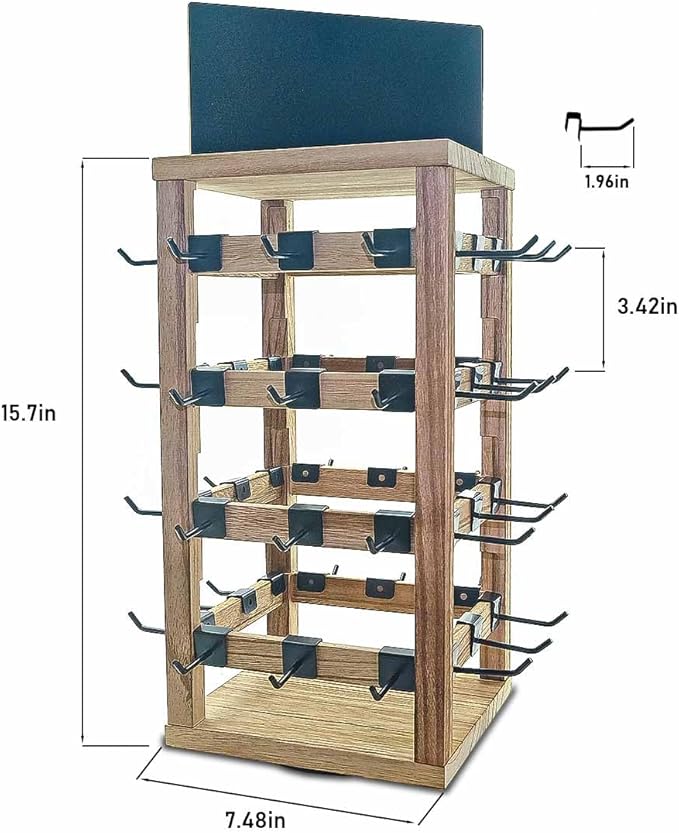Wooden rotating Jewelry Display Stand with Removable 48 Hooks advertising board, For Earring Cards necklace bracelet Keychain Jewelry Organizer For Selling For vendor events (brown)
