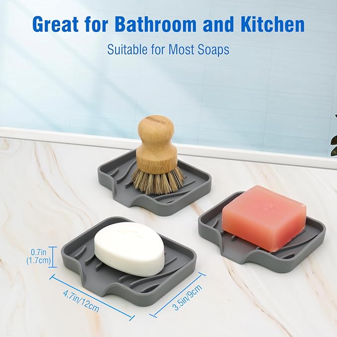 3-Pack Silicone Soap Dish Set – Bar Soap Holder with Self-Draining Design, Easy-Clean Tray for Shower, Bathroom, Kitchen, and Tub (Gray)
