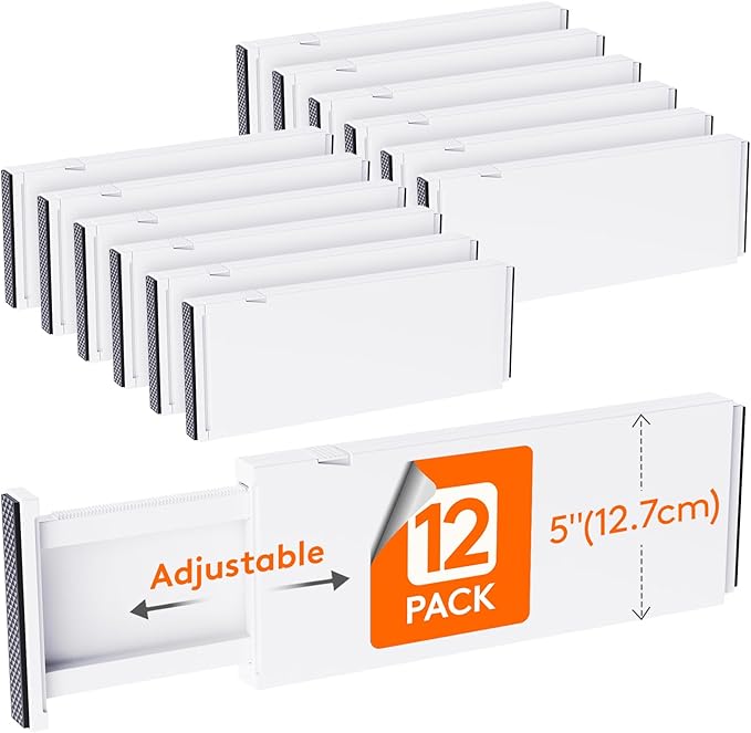 Lifewit 12 Pack Drawer Dividers Plastic 5" High, 13.5-22" Adjustable Drawer Organizers for Clothes, Expandable Dresser Separators in Bedroom/Bathroom/Kitchen/Fridge/Office Organization and Storage
