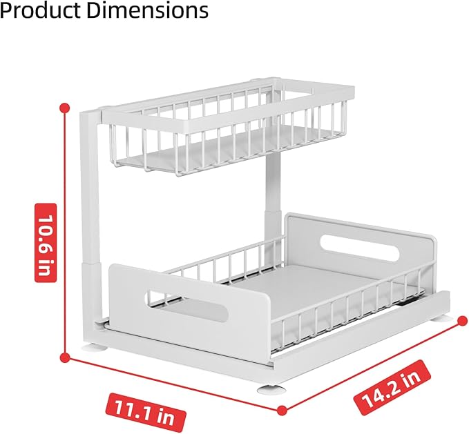 2-Tier Under Sink Slide Out Organizer, 2 Pack Pull Out Cabinet Storage Shelf with Sliding Wire Basket Drawer for Bathroom Kitchen, Countertop or Pantry Shelf, White
