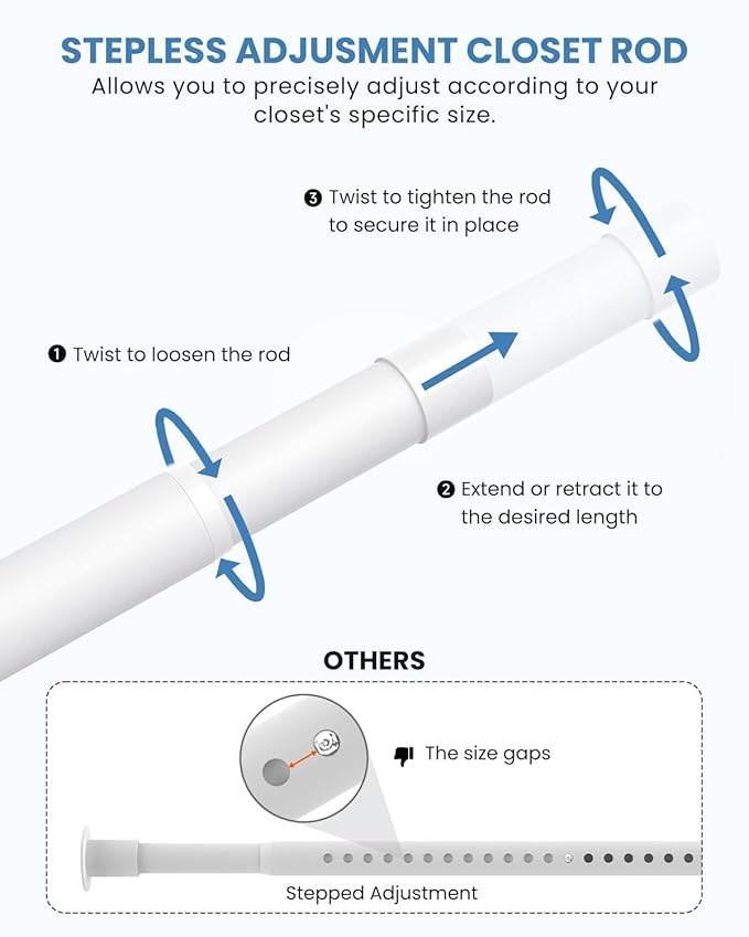 3 PACK Closet Rods for Hanging Clothes, 17 to 69 Inches Stepless Adjustable Metal Closet Rod, 1.3 Inches Heavy Duty Clothes Hanging Rod for Closet Wardrobes Laundry RV, White