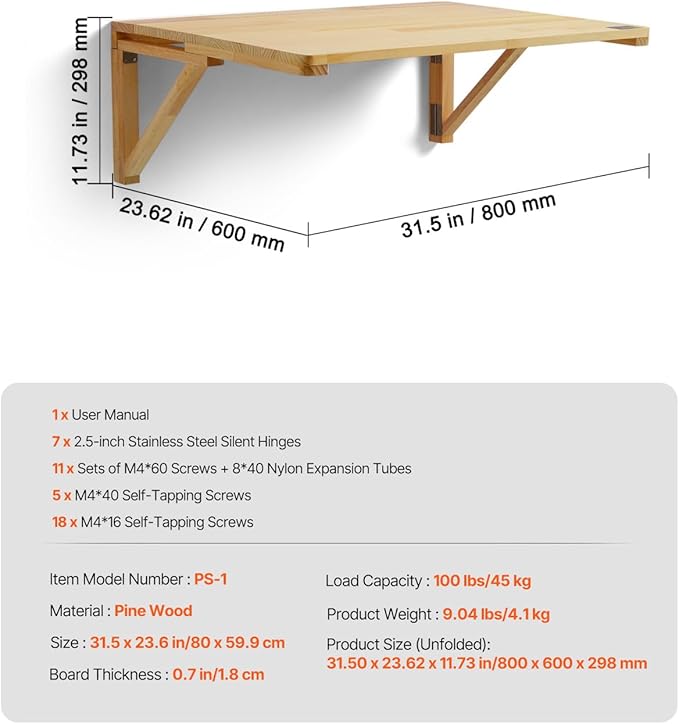 VEVOR Wall-Mounted Folding Table, 31.5 x 23.62 inch, Wooden Drop Leaf Floating Desk with Iron Bracket for Small Spaces, Home Office, Dining, Laundry Room, Kitchen, Bar