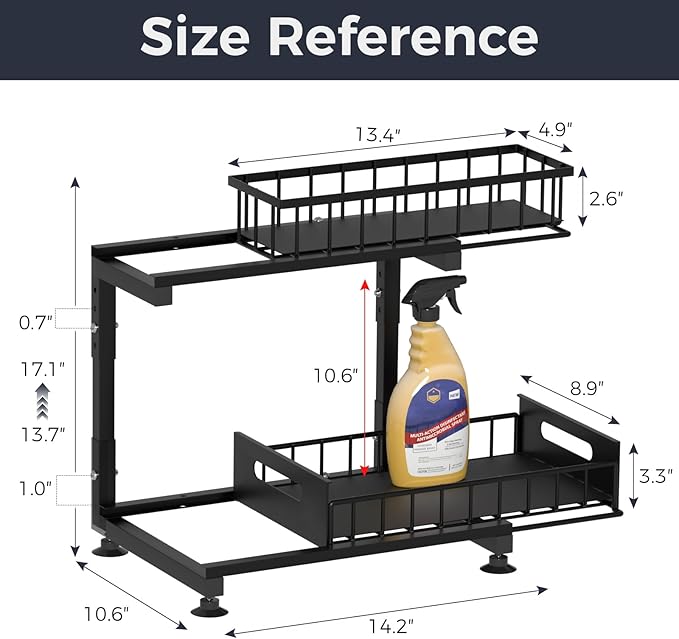 Under Sink Organizer, 2-Tier Pull Out Cabinet Drawer with Adjustable Height 13.7-17.1", Kitchen Bathroom Storage Rack, Heavy Duty Metal Sliding Basket Shelf