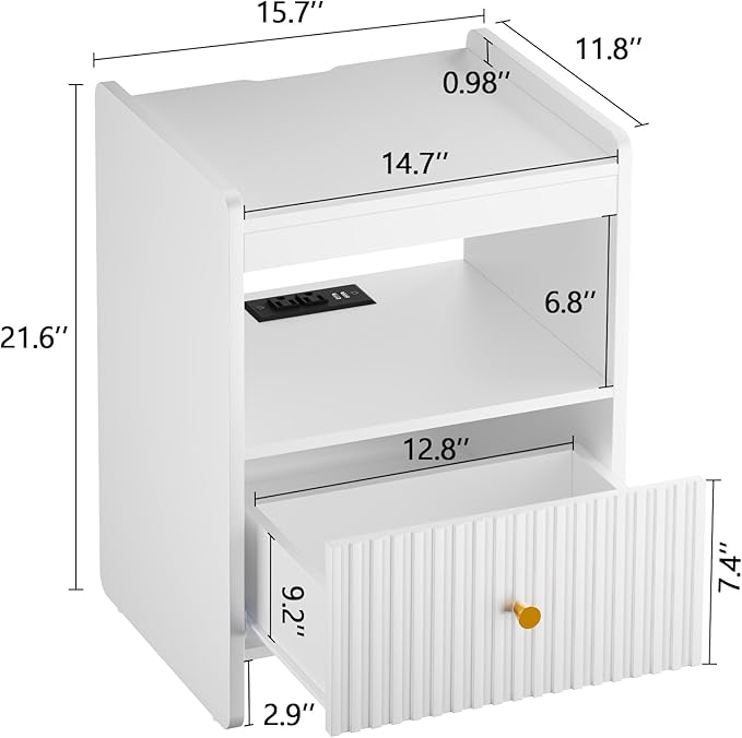 HIFYOBRO 21.6" Tall Fluted Nightstand, End Table with Charging Station and LED Light, Modern End Side Table with Drawer(White)