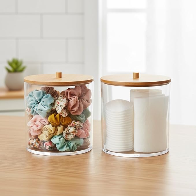 2Packs Scrunchie Organizers Holder，Hair Accessories Organizer with Wooden Lid,Acrylic Hair Tie Clip for Bathroom Storage Organizer & Beauty Supplies(Clear)