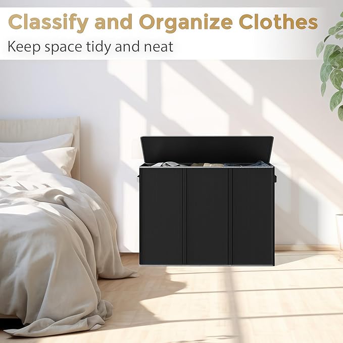 180L Laundry Hamper 3 Section, Large Laundry Basket with Lid, Laundry Basket Organizer with Handles, Black Divided Laundry Baskets, Clothes Hampers for Laundry, Bedroom, Bathroom