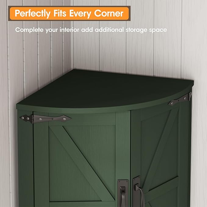 Vabches 64.8" Tall Farmhouse Corner Cabinet with 4 Doors and 5 Storage Shelves, Farmhouse Storage Cabinet with Barn Door Design, Home Space Saver for Living Room, Kitchen, Laundry Room,Green