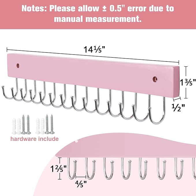 Wall Mounted Necklace Holder, Morden Style Necklace Holder, Tangle Free Wall Jewelry Organizer with 28 Hooks(2 Packs,Pink)