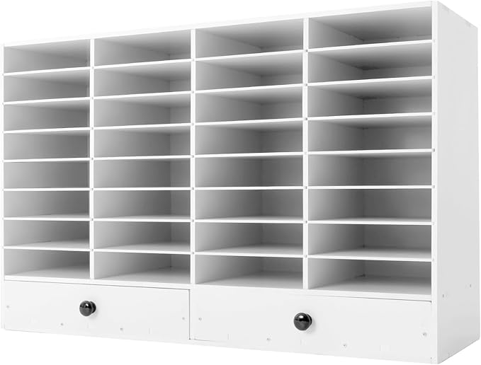 Adjustable Literature Organizer, 32 Compartments Mail Sorter Organizer with 2 Drawers, PVC Desktop File Sorter, Classroom Mailbox Office Mailbox Cubbies for Office, Home, Study Room White