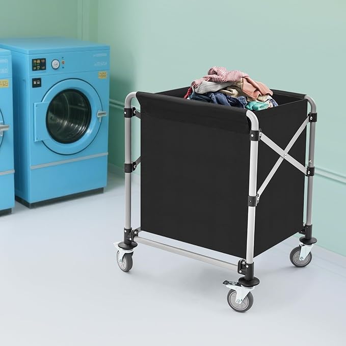 Commercial Laundry Cart with Wheels,Folding Laundry Hamper Cart,Heavy Duty Rolling Laundry Basket with Large Capacity,Laundry Sorter Trolley for Home Hotel Apartment (Black, 23.62 * 19.69 * 23.62in)