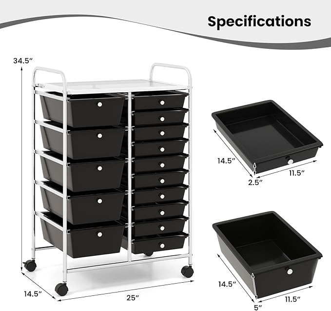 Giantex 15 Drawer Rolling Storage Cart Tools Scrapbook Paper Office School Organizer, Black