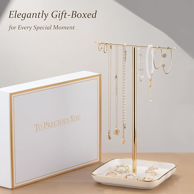 Jewelry Holder Stand with Ceramic Base: 12" Tall Necklace Organizer Rack, Tree Design Display Storage for Necklaces, Bracelets, Rings, Earrings, Aesthetic Room Décor for Girls and Women, Gold