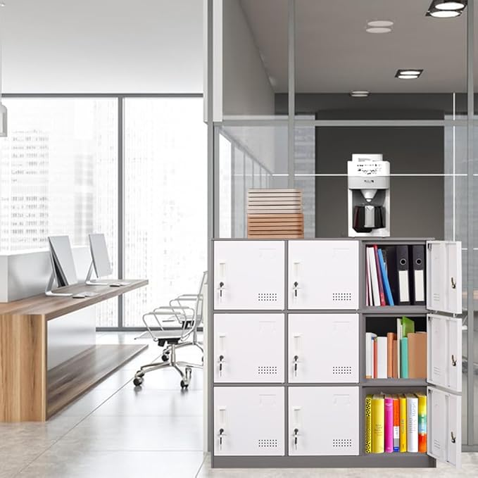 Metal Locker 9 Door Storage Cabinet, Steel Storage Lockers for Employees, Lockable Metal Cabinet with Lock and Ventilation, Office School Gym Storage Organizer