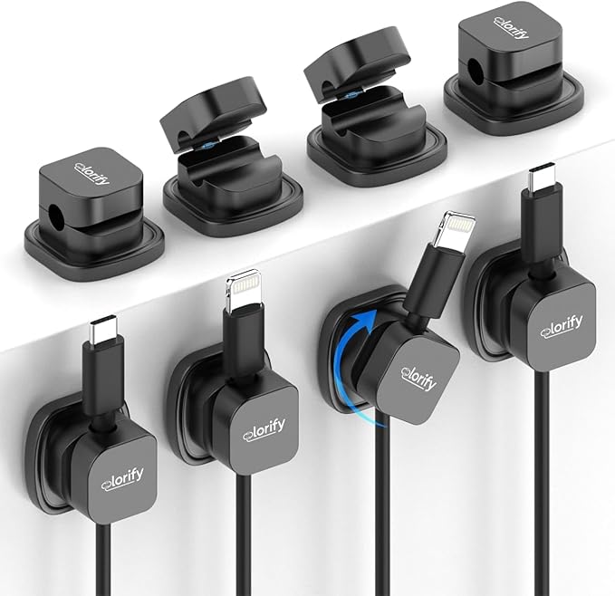 8 Pack Rotatable Cord Organizer Clips with Spring, Adhesive Charging Cords Holder for Desk, Nightstand, Laptop, Phone Charging Clips & Car Cable Management for Home & Office Use - Black
