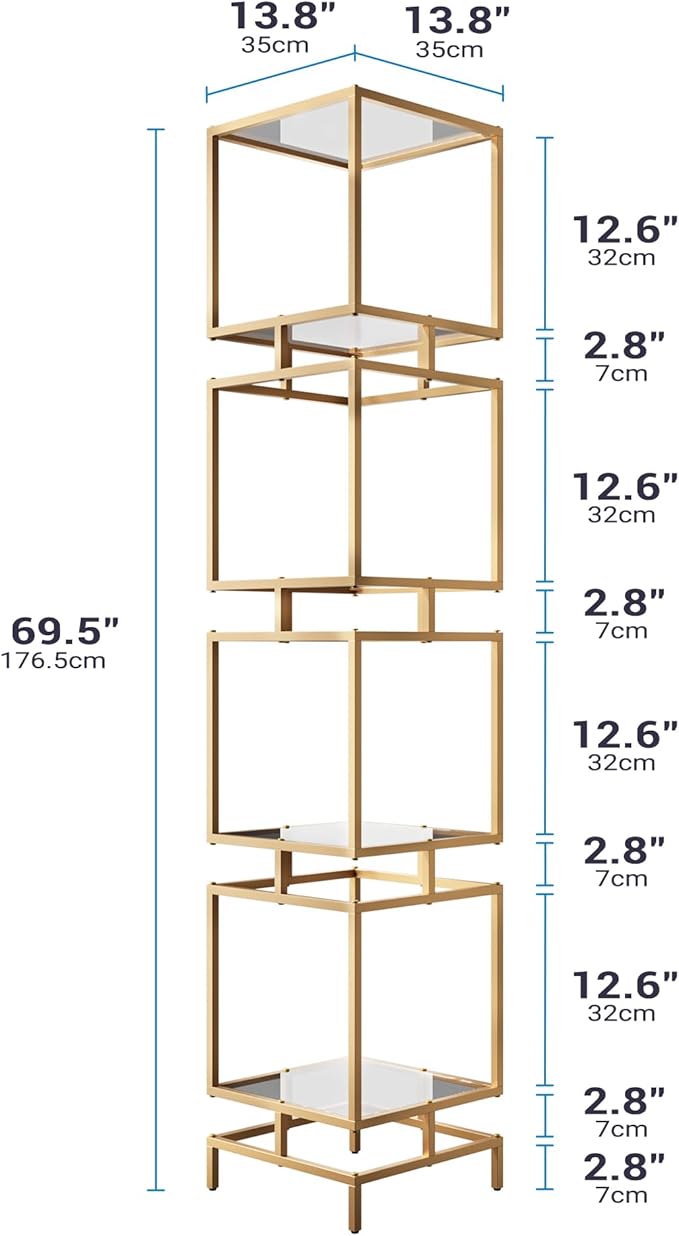 4 Cube Glass Shelf, 4-Tier Bookshelf, Display Shelf Rack, Metal Storage Rack with Tempered Glass, Modern Style for Living Room, Bathroom, Kitchen, Golden