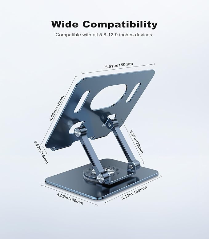 Swivel Tablet Stand with 360 Rotating Base, Adjustable Holder for Drawing, Compatible with iPad Pro/Air/Mini and More (Blue)