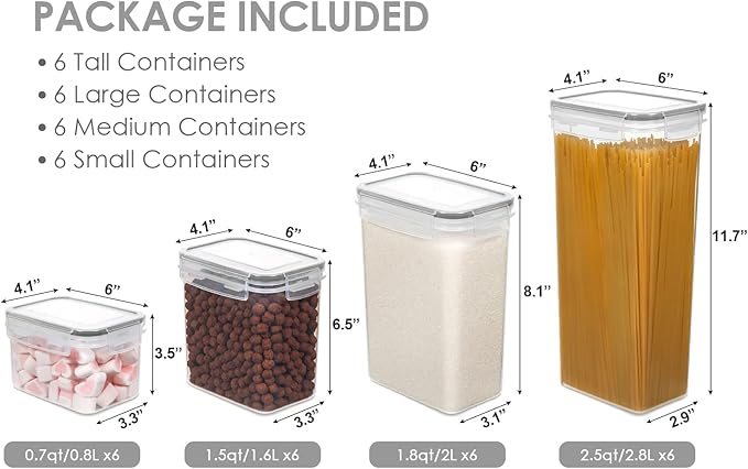 Vtopmart Airtight Food Storage Containers with Lids, 24 pcs Plastic Kitchen and Pantry Organization Canisters for Cereal, Dry Food, Flour and Sugar, BPA Free, Includes 24 Labels，Gray