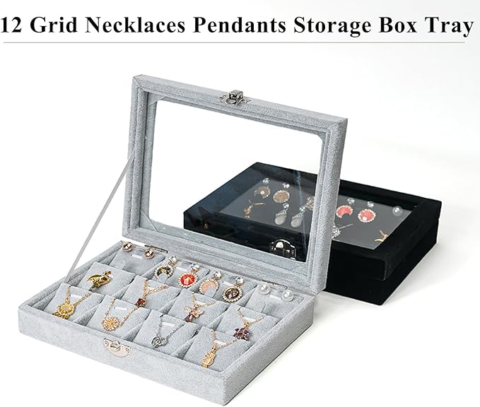 Jewelry Box Necklace Organizer Tray, Grey Necklace Display Case for Storage Jewelry Small Necklaces Display Stand 12 Slot Pendant Holder for Women