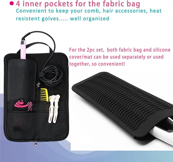 2 Pieces Hair Flat Iron Case Holder Canvas Bag Heat Resistant Curling Iron Silicone Straightener Holder Mat for Hair Tools Curling Iron Organizer Bag (Floral print)