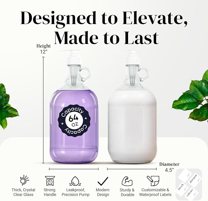 Glass Laundry Detergent Dispenser - 2 Pack, 64oz, Glass Jar with Pump and Lid for Fabric Softener, Liquid Soap, Shampoo & Syrup, Leakproof Half Gallon Jug for Laundry Room Organization