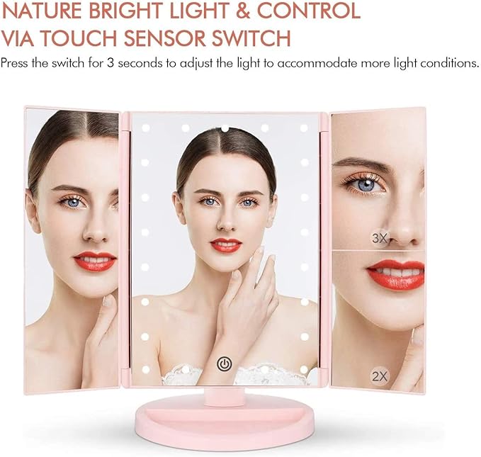 Tri-fold Lighted Vanity Makeup Mirror with 3x/2x Magnification,21 LED Lights and Touch Screen,180 Degrees Free Rotation Countertop Cosmetic Mirror,Travel(Pink)