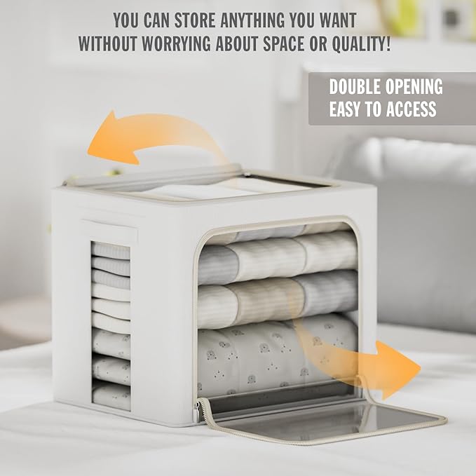FHSQX 2 Pack Clear Window Storage Bins - Large Stackable Linen Fabric Storage for Clothes Foldable Container Organizer Set with Carrying Handles (Lvory White, 15.7x 11.8x 11.7 Inch)