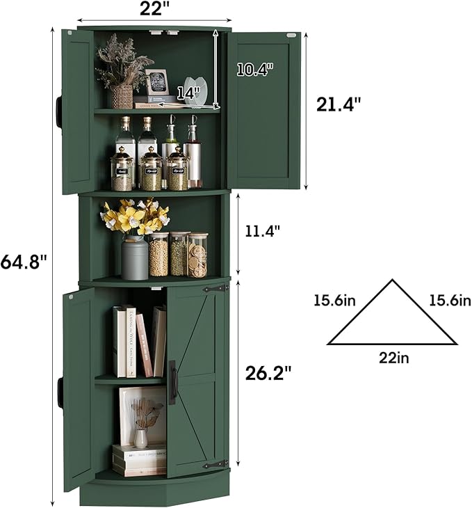 Vabches 64.8" Tall Farmhouse Corner Cabinet with 4 Doors and 5 Storage Shelves, Farmhouse Storage Cabinet with Barn Door Design, Home Space Saver for Living Room, Kitchen, Laundry Room,Green