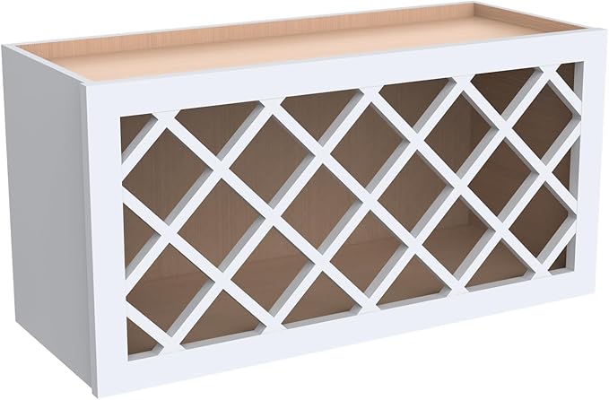 Solid Wood RTA Wine Bottle Rack Wall Cabinet with Lattice Panels - Wine Storage for Bar, Pantry, Cellar & Countertop - Mocha (White, 36'W 12'D 15'H)