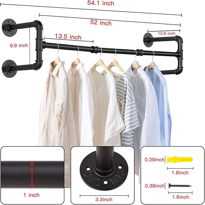 Wall Mounted Clothes Rack - 54" Industrial Pipe Clothing Garment Rack, Space-Saving Heavy Duty Detachable Black Iron Clothes Hanger Pole, Multi-Purpose Hanging Rod for Closet Storage, 4 Base