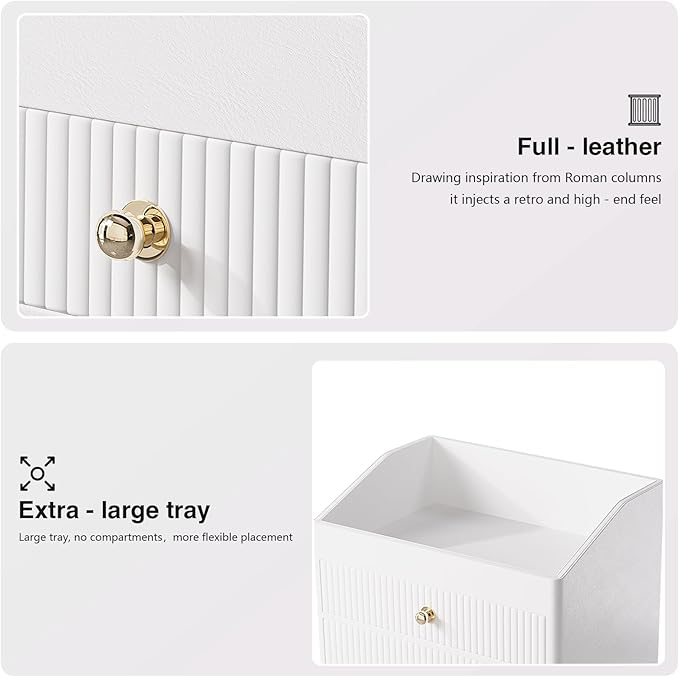 Office Accessories,Begie White Vegan Leather Office Supplies with 3 Drawers & Tray for Desk,Perfume Organizer with Gold-Tone Metal Accents Knob for End Tables,Bedside Table,Bedroom