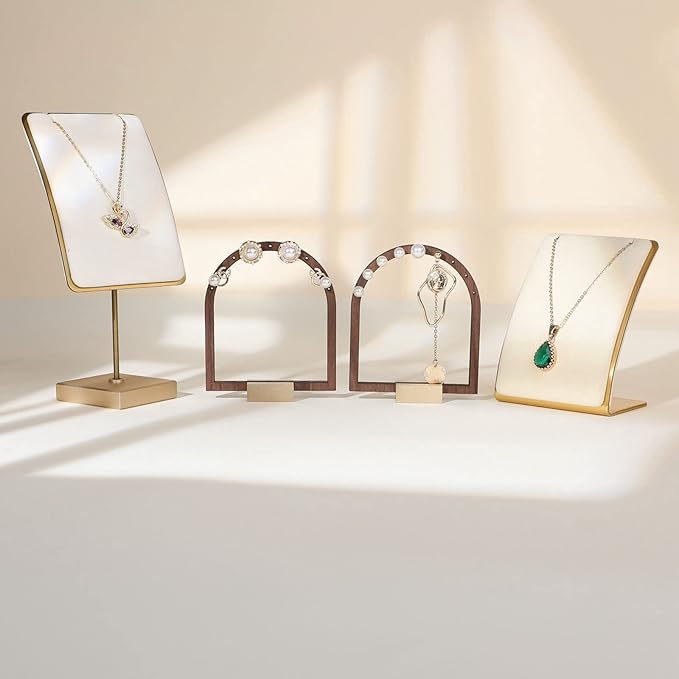 GemeShou 3pcs Wooden stud earring organizer holder, walnut earring hangers with brass base, Small Cute earring display for selling with 9 holes for each【Arch frame-3pcs】